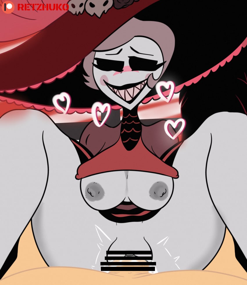 censor_bar censored hand_on_hip handjob hazbin_hotel pov pov_eye_contact pov_male retzhuko_(artist) rosie_(hazbin_hotel) smug smug_face smug_grin vivienne_medrano vivziepop