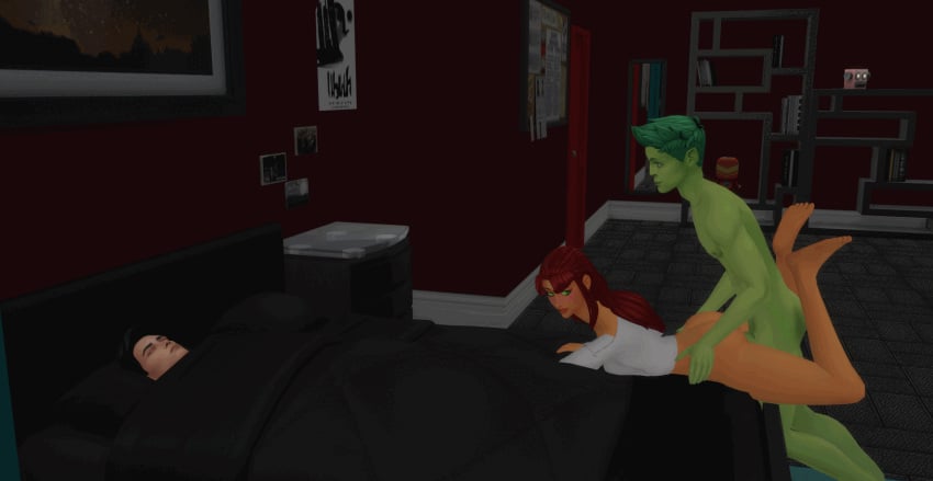 1girls 2boys 3d animated beast_boy bottomless cheating cheating_girlfriend cuckold dc dc_comics dick_grayson female green_eyes male netorare nightwing ntr oblivious pof3445 red_hair sex sleeping sneaky sneaky_sex starfire taken_from_behind teen_titans the_sims the_sims_4