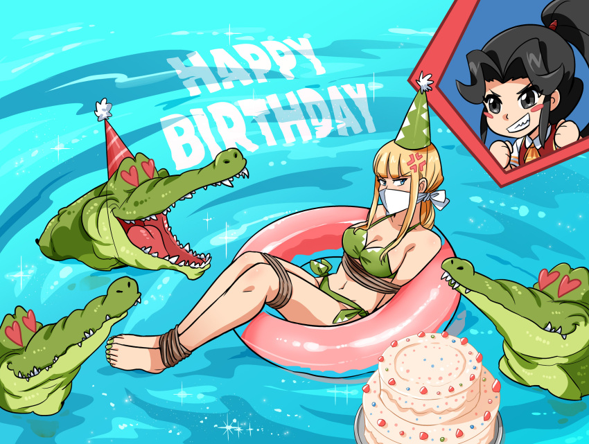 2girls anger_vein blonde_hair bound cake crocodile gag gagged green_bikini happy_birthday heart_eyes lostonezero original over_the_nose_gag swimming_pool