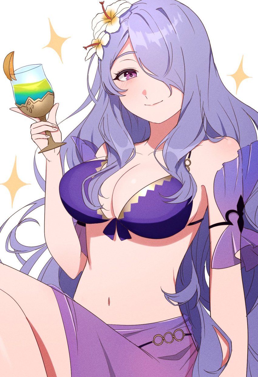 1girls alternate_costume bikini blush breasts camilla_(fire_emblem) camilla_(summer)_(fire_emblem) cleavage cup drink female female female_only fire_emblem fire_emblem_fates fire_emblem_heroes flower gmais2514 hair_flower hair_ornament hair_over_one_eye highres holding holding_drink large_breasts long_hair looking_at_viewer navel nintendo official_alternate_costume purple_bikini purple_eyes purple_hair purple_swimsuit sarong simple_background smile solo swimsuit tropical_drink very_long_hair wavy_hair white_background