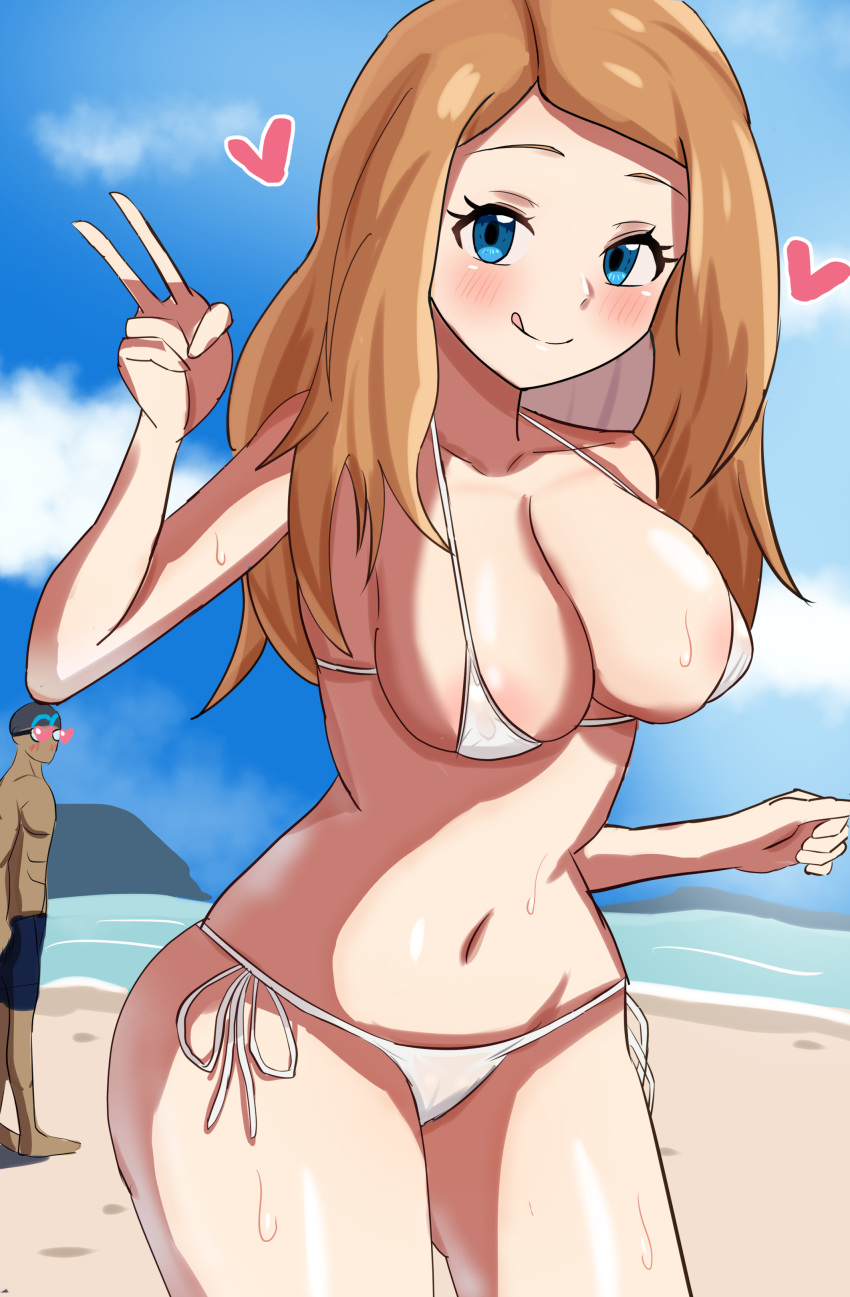 1boy 1girls absurd_res amrbatafri areola_slip areolae beach big_breasts bikini blue_eyes blush breasts brown_hair cleavage cloud commentary cowboy_shot creatures_(company) eyelashes game_freak heart heart_eyes hi_res licking_lips long_hair looking_at_viewer micro_bikini navel nintendo outdoors paid_reward_available pokemon pokemon_(game) pokemon_xy serena_(pokemon) serena_(pokemon_games) side-tie_bikini sky smile standing sweat swimsuit tongue tongue_out v variant water white_bikini