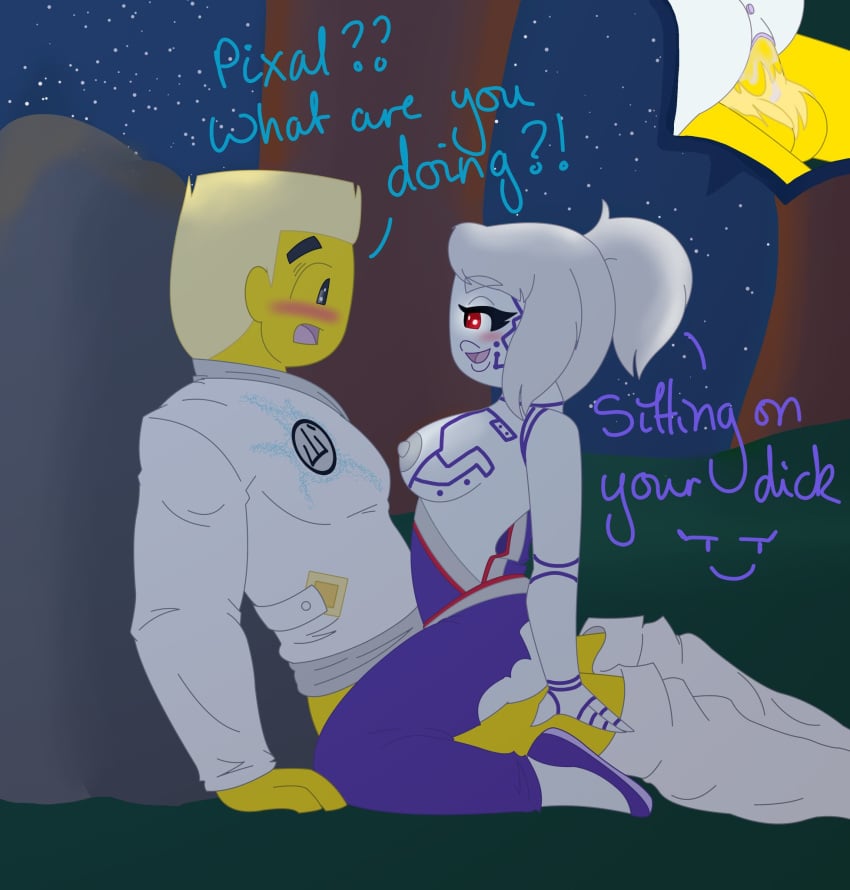 dick duchess_pixal lego looking_at_another ninjago p.i.x.a.l. rebooted_(ninjago) robot robot_girl surprised vaginal_penetration yellow_skin zane_(ninjago)