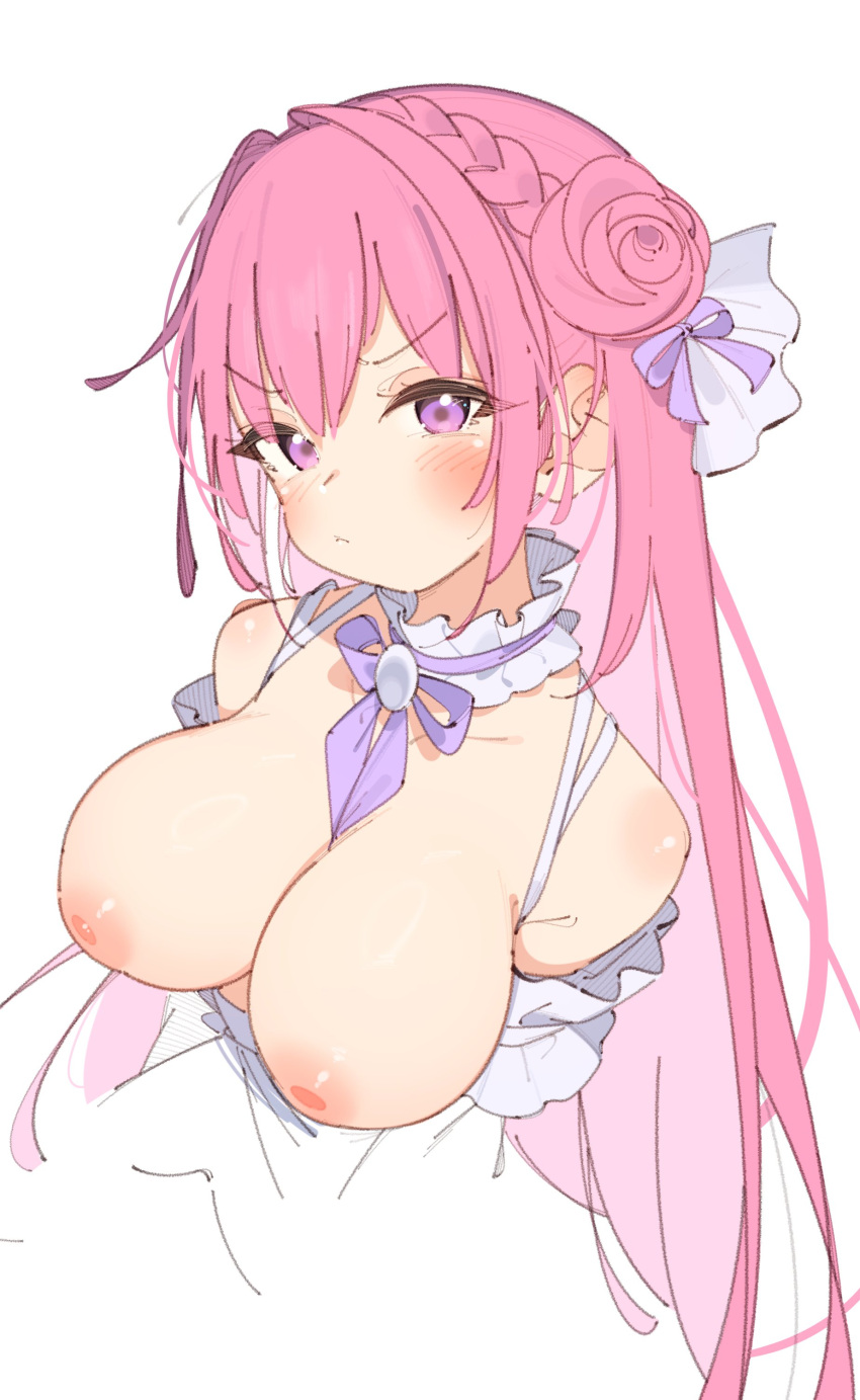 :< absurdres angry between_breasts blush braid breasts breasts_out closed_mouth collar collarbone crown_braid detached_collar dorothy_(nikke) dress female frilled_collar frills frown goddess_of_victory:_nikke hair_bun hair_intakes hair_ribbon highres large_breasts long_hair looking_at_viewer nipples pink_eyes pink_hair puffy_nipples purple_ribbon rasusurasu ribbon ribbon_between_breasts simple_background sleeveless sleeveless_dress solo v-shaped_eyebrows white_background white_collar white_dress white_ribbon