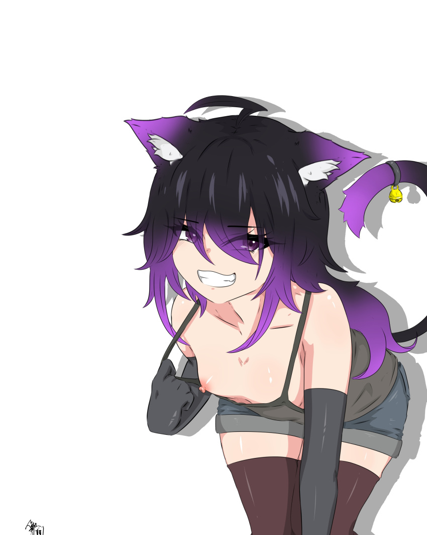 1girls bell black_hair blandship breasts_out carreta cat_ears cat_tail catgirl female gloves latam_virtual_youtuber nekomimi nipples purple_eyes purple_hair rule_63 small_breasts smile smiling smiling_at_viewer smirk socks tail twitch two_tone_hair virtual_youtuber vtuber white_body white_skin