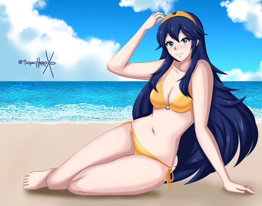 alternate_costume bikini blue_eyes blue_hair breasts female female_only fire_emblem fire_emblem_awakening gold_bikini gold_swimsuit lucina_(fire_emblem) nintendo solo sonicheroxd swimsuit yellow_bikini yellow_swimsuit