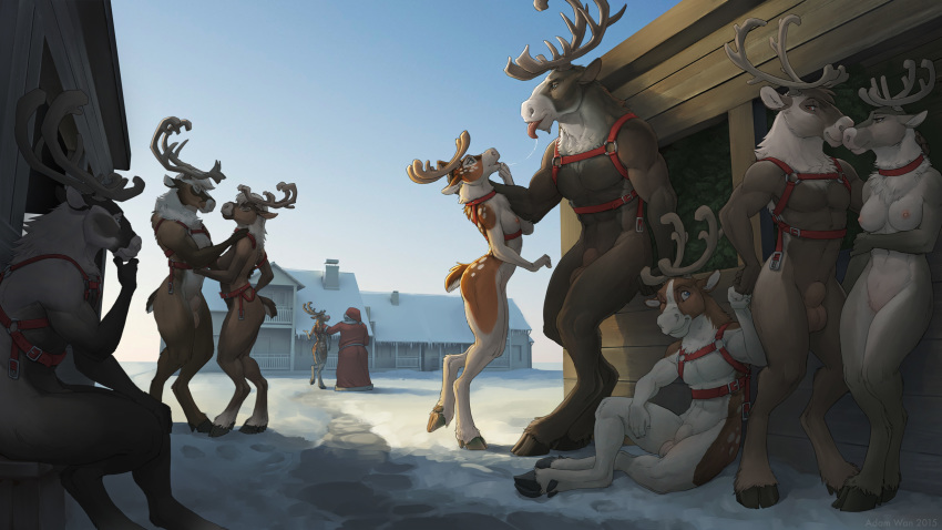 2015 abs adam_wan anthro antlers ass balls breasts cervine christmas female fur group harness hi_res holidays hooves horn house human male mammal muscles nipples pecs reindeer rudolph saliva santa_claus sheath snow tongue tongue_out winter