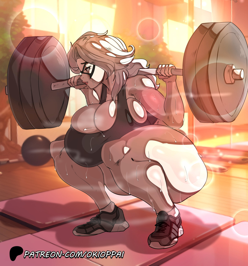 big_breasts black_cat_(marvel) felicia_hardy gigantic_breasts huge_breasts marvel okioppai spider-man_(series) sweat sweatdrop sweating weightlifting workout workout_clothes