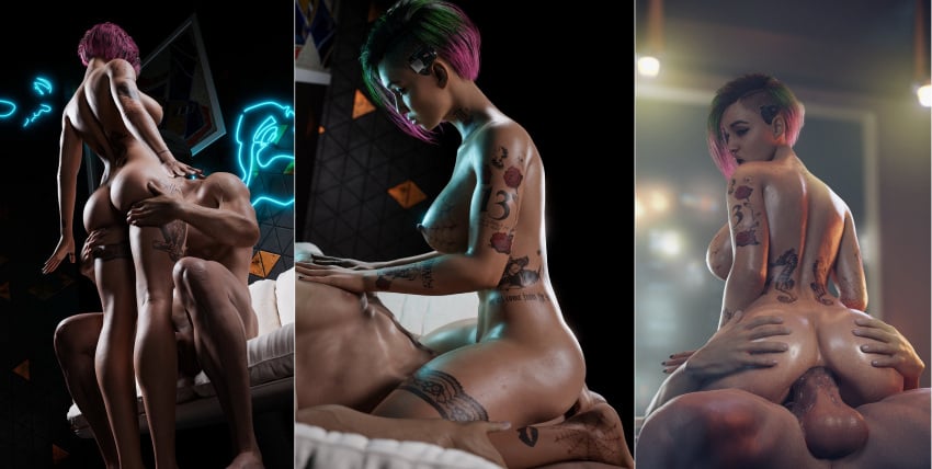 1boy1girl 3d babayaga0f cyberpunk_2077 highres judy_alvarez nude punk_girl sex straight tattoo