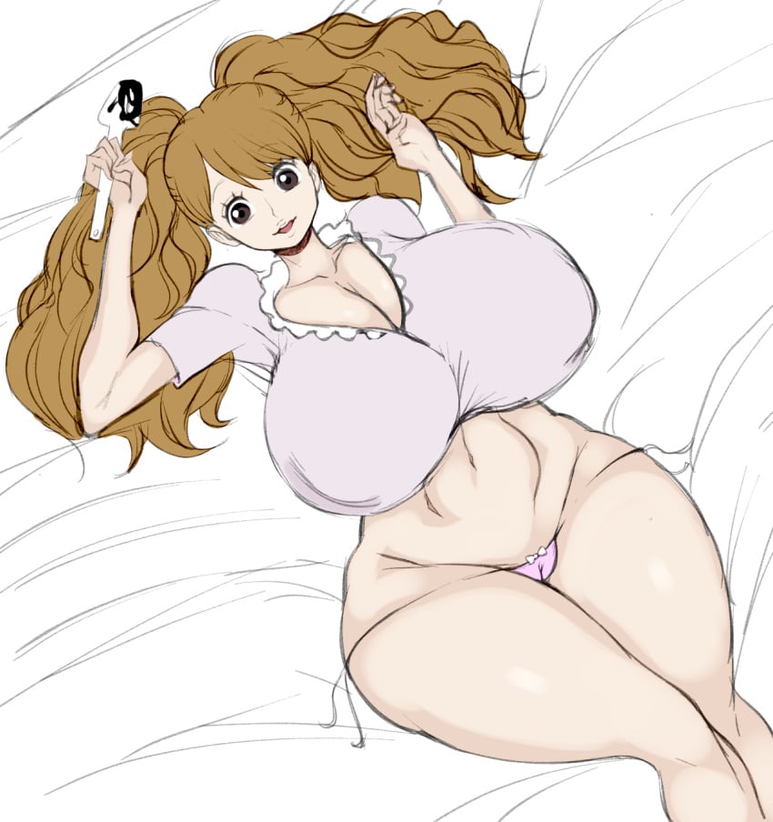 1girls bed big_breasts breasts brown_hair charlotte_pudding chocolate color_edit colored female female_only light_brown_hair lying lying_on_back lying_on_bed one_piece solo solo_female spatula tagme thanuki thanukiart thick_thighs venus_body wide_hips