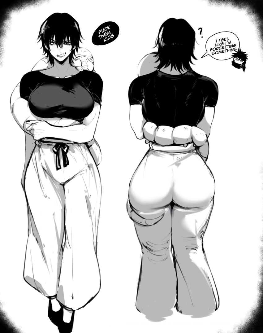 1girls ass big_ass big_breasts big_butt black_hair busty clothed curves curvy dark_hair english_text fat_ass female female_only fully_clothed fushiguro_megumi genderswap_(mtf) hips huge_ass huge_butt jujutsu_kaisen large_ass large_breasts large_butt masoq095 milf mother rule_63 scar scar_on_face scarred scars short_hair shounen_jump sorceress text thick_ass toji_fushiguro tomboy wide_hips