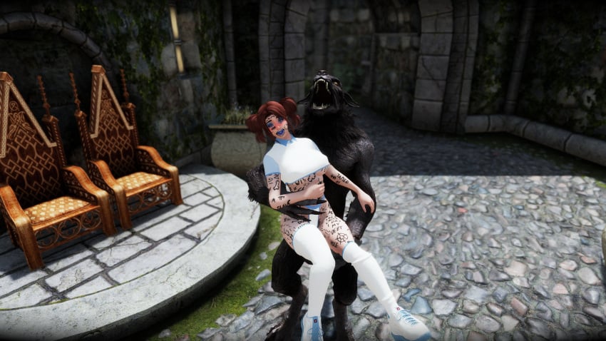 blue_makeup bodywriting girl male original pubic_hair red_hair silly_face skyrim werewolf