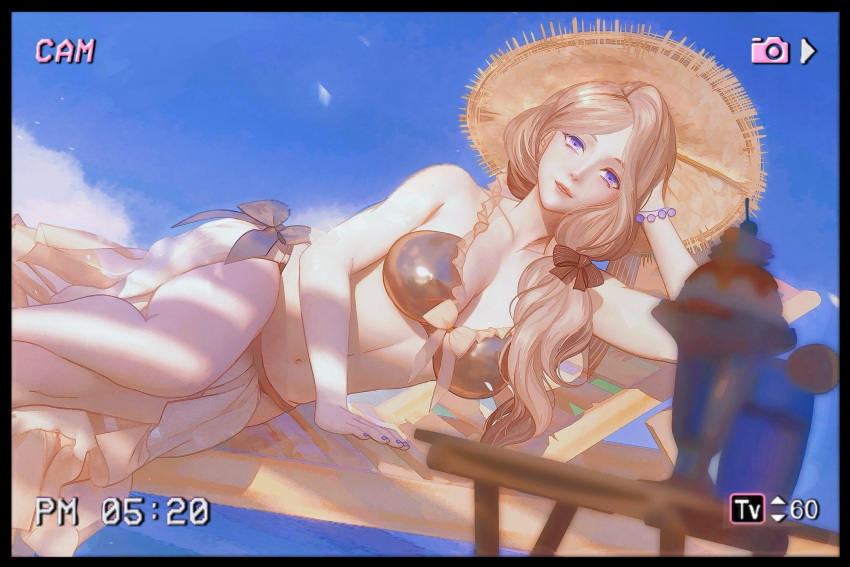 1girls alternate_costume arm_support bikini black_bikini black_bow black_swimsuit blonde_hair blurry bow bracelet breasts brown_bikini chair cloud cloudy_sky collarbone day depth_of_field female female_only fire_emblem fire_emblem:_three_houses fire_emblem_heroes frilled_bikini frills glass hat highres irisl jewelry long_hair looking_at_viewer lounge_chair lying mercedes_von_martritz mercedes_von_martritz_(summer) navel nintendo official_alternate_costume on_side outdoors purple_eyes sarong sky solo straw_hat sun_hat swimsuit table viewfinder yellow_hat