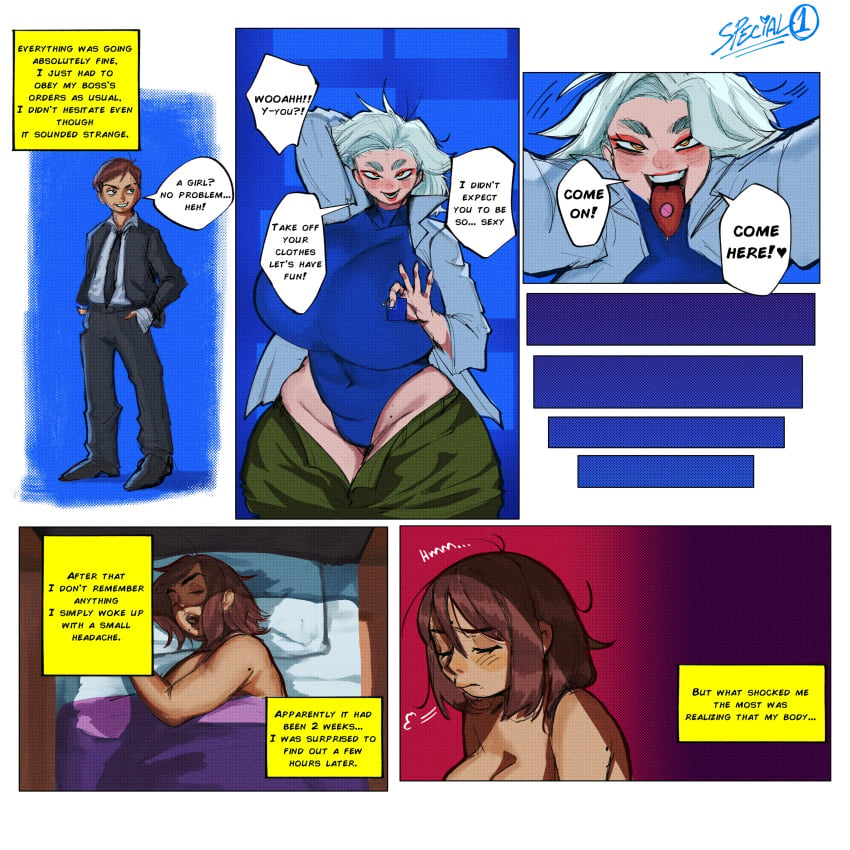 1boy 1futa 1girls 2024 alessandro_(yapan38) clothed clothing comic dialogue drugged english_text female fully_clothed futanari futanari_transformation huge_breasts leotard male male_to_futa pill pill_on_tongue sharp_teeth text white_hair yapan48