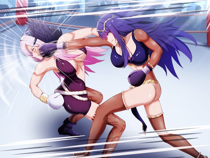 2girls adapted_costume alternate_costume alternate_version_available angry areola_slip areolae armpits ass attack audience aversa_(fire_emblem) bangs bare_arms bare_midriff bare_shoulders bare_thighs big_ass black_boxing_gloves black_gloves black_hair blue_eyes blue_hair bodystocking boxing boxing_gloves boxing_ring breasts bruise castle catfight center_opening chest_tattoo cleavage closed_eyes collarbone covered_nipples day dress duo facial_mark facial_tattoo feathers female female_focus female_only fembox_collect fight fighting_ring fire_emblem fire_emblem_awakening gloves gradient_hair grey_hair headwear high_heels injury large_breasts light-skinned_female light_skin long_hair midriff motion_lines multicolored_hair multiple_girls nintendo outdoors part_of_a_set pelvic_curtain pink_hair punch purple_hair shoulders tattoo tharja_(fire_emblem) thighhighs thighs very_long_hair white_boxing_gloves white_gloves white_hair yuri