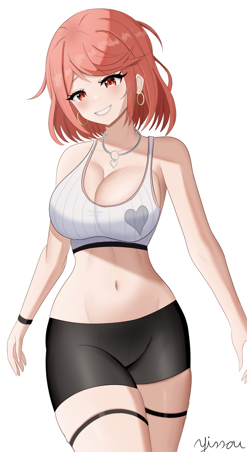 absurdres bare_shoulders bike_shorts blush breasts cleavage female highres large_breasts looking_at_viewer navel non-web_source pyra_(xenoblade) red_eyes red_hair short_hair smile solo sports_bra super_smash_bros. swept_bangs white_background xenoblade_chronicles_(series) xenoblade_chronicles_2 yissou_art