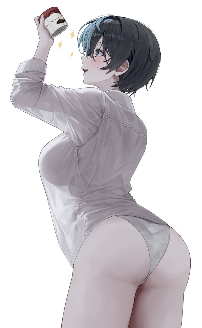 black_hair blush body_lines collared_shirt food from_behind gwan-e huge_breasts ice_cream large_ass light-skinned_female looking_at_food looking_up naked_shirt original original_character panties snack sparkle sparkling_eyes thick_thighs tomboy tsukasa_karin very_short_hair white_panties white_shirt wide_hips