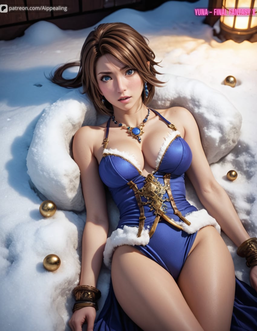 ai_generated aippealing blue_lingerie brown_hair cape cleavage cute final_fantasy final_fantasy_x large_breasts lingerie long_hair necklace outdoors snow teddy_(clothing) yuna