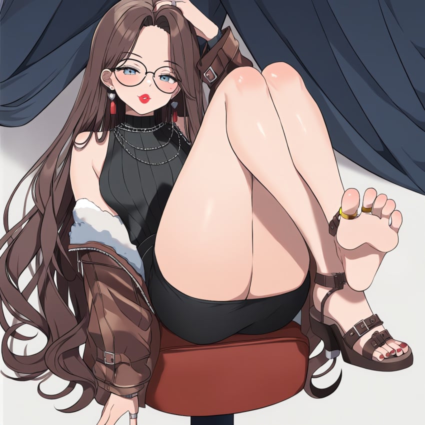 ai_generated barefoot brown_hair classy classy_female feet feet_focus feet_up female foot_fetish foot_focus foot_up gerhard jewelry legs_up lipstick miniskirt necklace novelai original pixiv ring self_upload showing_feet skirt soles toenail_polish toes