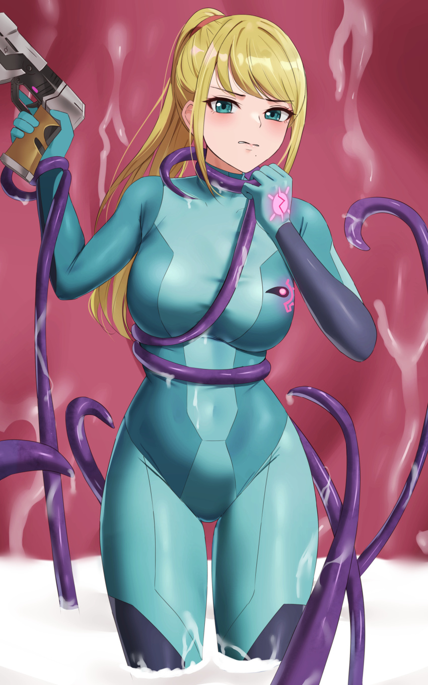 1girls amayo_thranana bangs blonde_hair breasts female female_only green_eyes gun imminent_rape large_breasts metroid nintendo ponytail restrained saliva samus_aran skin_tight_suit solo solo_female tentacle tentacle_around_neck tentacle_around_wrist tentacle_choke thrananaart weapon zero_suit_samus