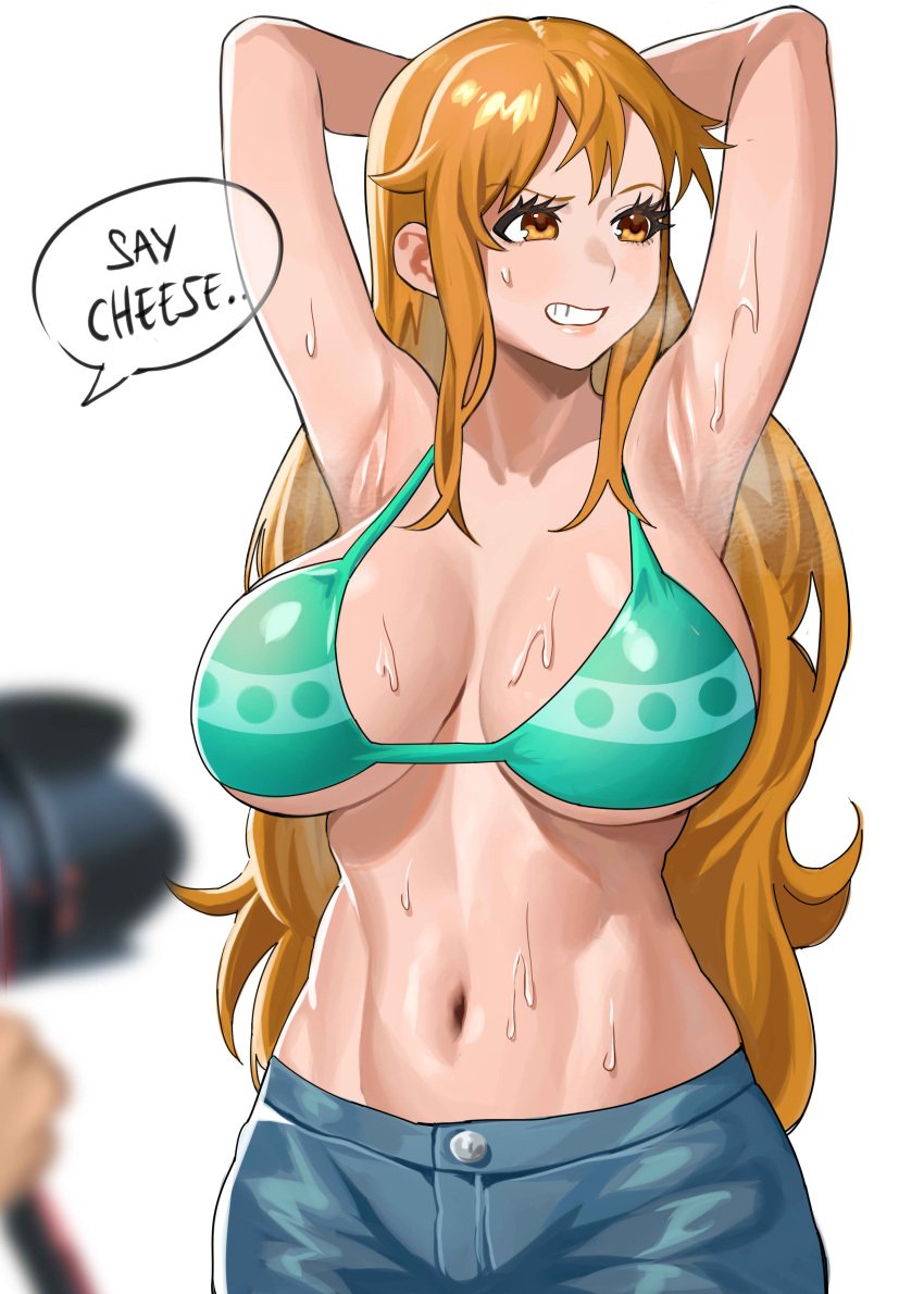 1girls absurdres armpits arms_behind_head arms_up big_breasts bikini bikini_top_only breasts camera celyn404 denim english_text female highres large_breasts long_hair nami_(one_piece) one_piece sweat swimsuit tagme