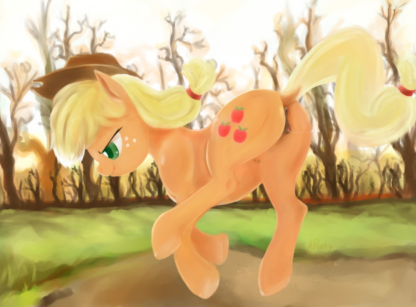 2015 anatomically_correct anatomically_correct_pussy animal_genitalia anus aponty applejack_(mlp) ass crotchboobs digital_painting_(artwork) earth_pony equine equine_pussy female feral forest friendship_is_magic green_eyes hat horse mammal my_little_pony outside pony pussy pussy_juice solo tiny_crotchboobs tree