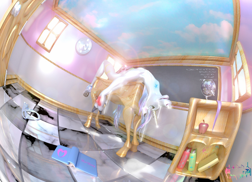 3d anthro blender book checkered_floor cum cum_on_face equine fisheye_lens girly globe hair horn inside luki13lol male mammal penis school solo unicorn