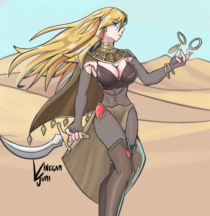 1girls alternate_costume armpits blonde_hair blue_eyes bodystocking boots breasts clarisse_(fire_emblem) cleavage day desert earrings female female_only fingerless_gloves fire_emblem fire_emblem:_new_mystery_of_the_emblem gloves hair_between_eyes large_breasts long_hair looking_at_viewer midriff nintendo outdoors pelvic_curtain ring sand solo sword thigh_boots thighs very_long_hair vinegar_juri weapon yellow_hair