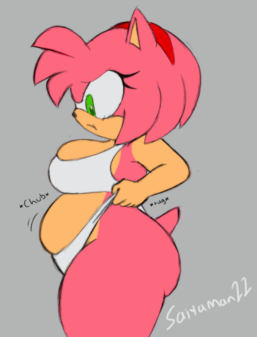 1girls amy_rose big_breasts big_butt big_thighs chubby chubby_female crop_top female furry hairband pout pulling_underwear saiyaman22 sega sonic_(series) underwear