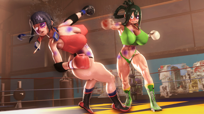 2girls 3d 3d_(artwork) abs alternate_breast_size alternate_version_available ass big_ass big_breasts big_butt boxing boxing_gloves boxing_ring breasts bruise bruised bruises catfight female female_only fight fighting fighting_ring gloves green_hair griffanz gym huge_breasts jirou_kyouka kyoka_jiro large_ass large_breasts large_butt long_hair mouthpiece multiple_girls muscular muscular_female my_hero_academia punch punching punching_face purple_hair red_boxing_gloves red_gloves ryona short_hair tsuyu_asui vs white_boxing_gloves white_gloves wide_hips