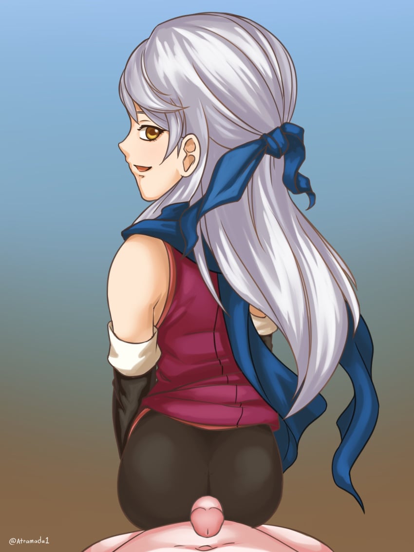 1boy 1girls ass atramada1 big_ass blue_background brown_background buttjob dress elbow_gloves female female_focus fire_emblem fire_emblem:_radiant_dawn gloves gradient_background grey_hair imminent_anal imminent_sex long_hair looking_back male male_pov micaiah_(fire_emblem) nintendo open_mouth pantyhose penis pov scarf sex silver_hair smile solo_focus teasing yellow_eyes