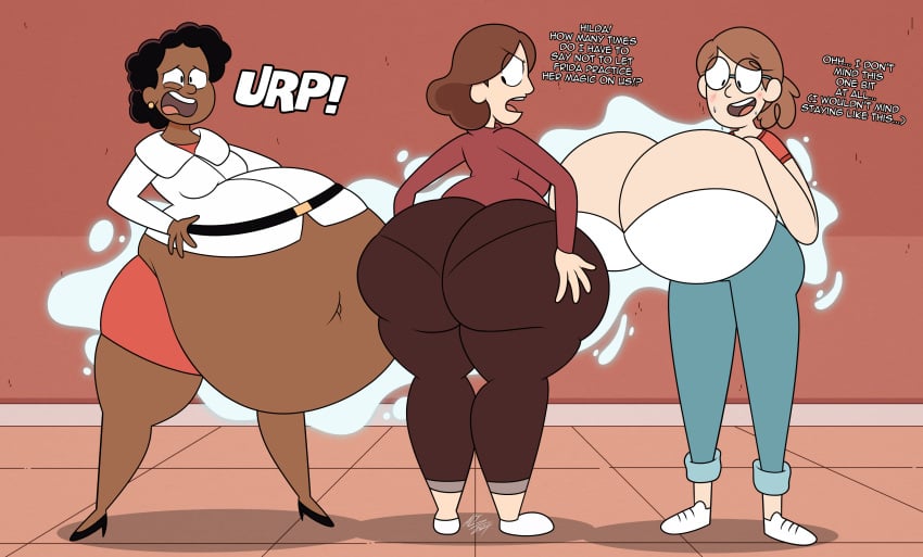 3girls altzegoz_(artist) ass ass_vs_breasts belly belly_expansion big_ass big_belly big_breasts big_butt black_hair blush blush_lines breast_expansion breasts brown_hair burping butt butt_expansion david's_mom_(hilda) fat_ass fat_butt female female_only frida's_mom_(hilda) fully_clothed glasses hilda_(series) huge_ass huge_butt johanna_(hilda) looking_back magic milf multiple_girls sweat sweating text thick_ass thick_butt