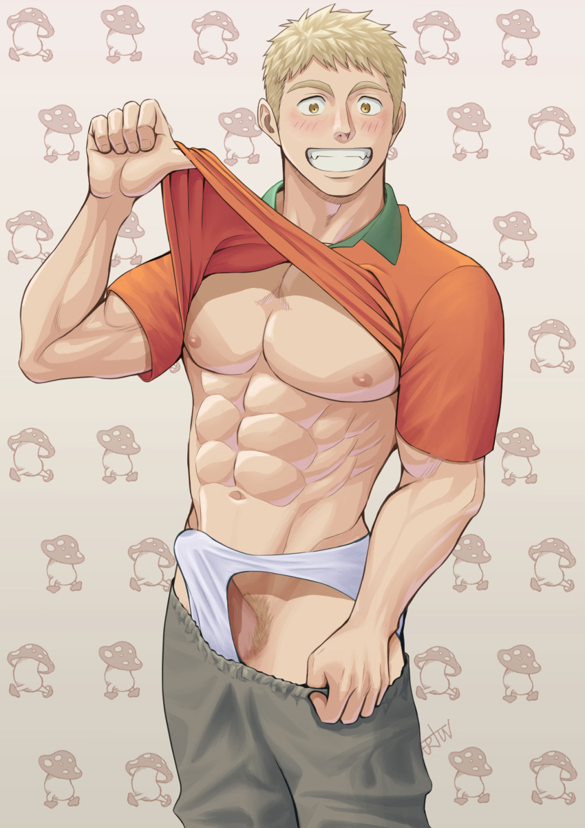 1boy abs alternate_costume bara blonde_hair blush briefs casual clothes_lift clothes_pull dariun_33 dungeon_meshi erection flexing_pectorals grey_pants grin highres laios_touden large_pectorals looking_at_viewer male male_focus male_only male_pubic_hair male_underwear muscular muscular_male orange_shirt pants pants_pull pectorals penis penis_peek pointing pointing_at_self polo_shirt pubic_hair shirt shirt_lift short_hair simple_background smile solo solo_male underwear walking_mushroom_(dungeon_meshi) white_male_underwear yellow_eyes