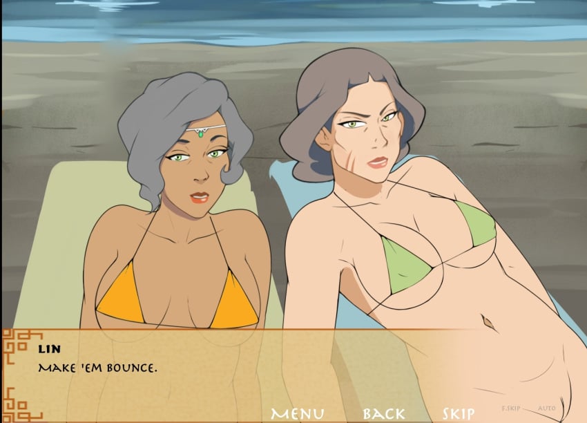 2d 2girls avatar_legends beach big_breasts bikini earth_kingdom english_text female female_only four_elements_trainer game_cg human laying_on_back lin_bei_fong mity multiple_girls suyin_bei_fong text the_legend_of_korra