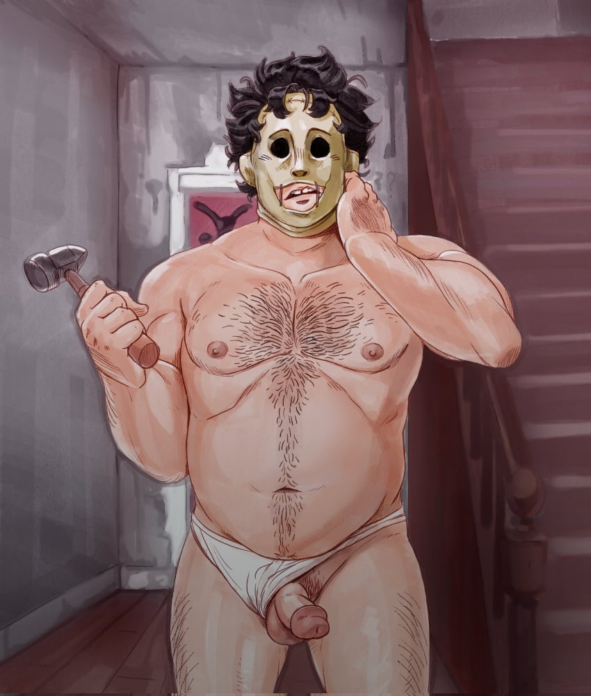 1boy bara bara_tiddies bara_tits barazoku belly bubba_sawyer dad_bod dead_by_daylight fat fat_man hairy_chest hammer killer leatherface male_focus male_only masked nightmare_husbando overweight overweight_male pecs penis_out pinup scratching_head serial_killer solo_male stabbyhandsmcmike texas_chainsaw_massacre underwear_aside unsure