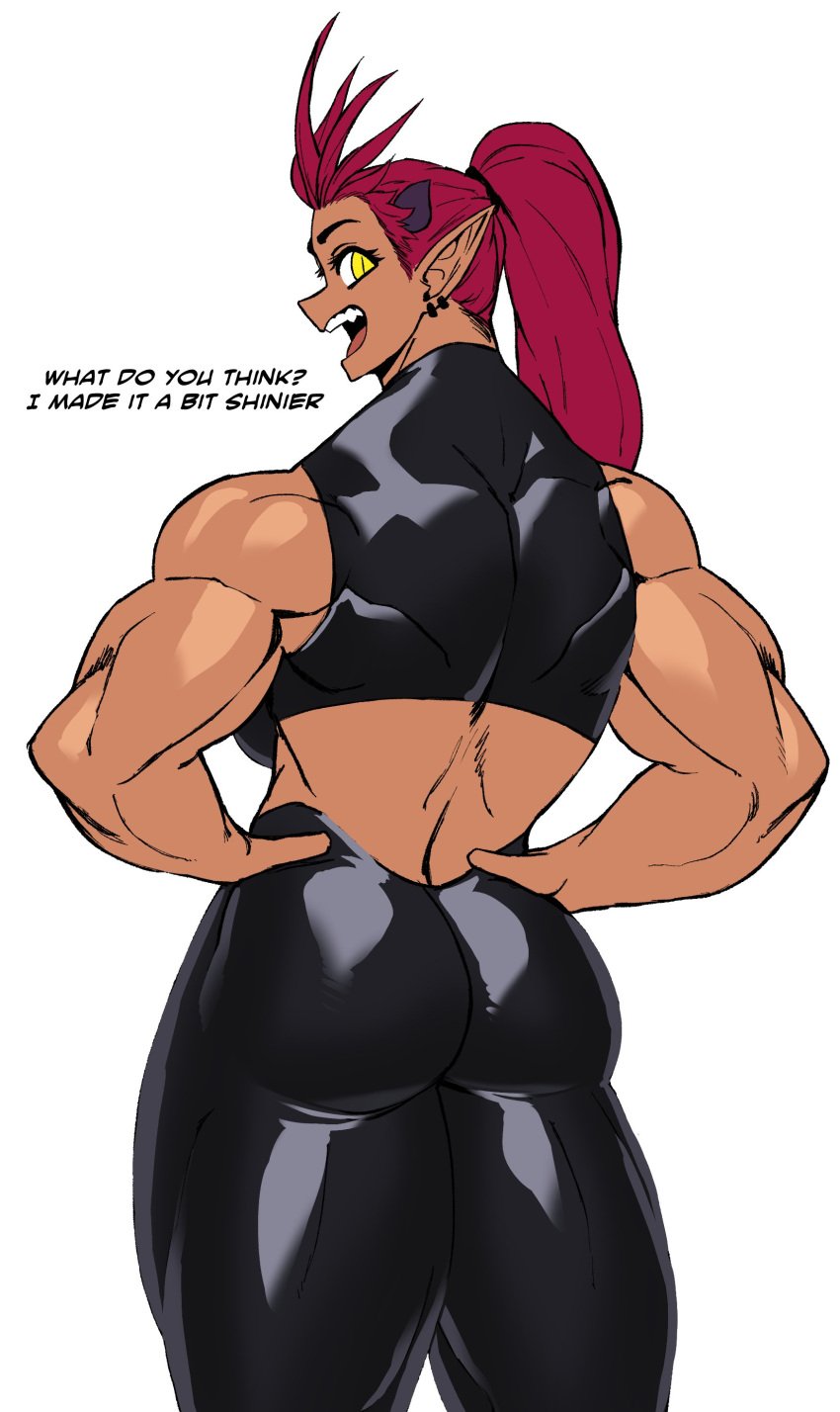 1girls ali_(sotcho) ass dialogue english_text female female_only flat_colors hands_on_hips long_hair looking_at_viewer looking_back looking_back_at_viewer muscles muscular muscular_female pointy_ears ponytail rear_view red_hair slit_pupils solo sotcho talking_to_viewer thick_thighs tuft very_high_resolution white_background yellow_eyes