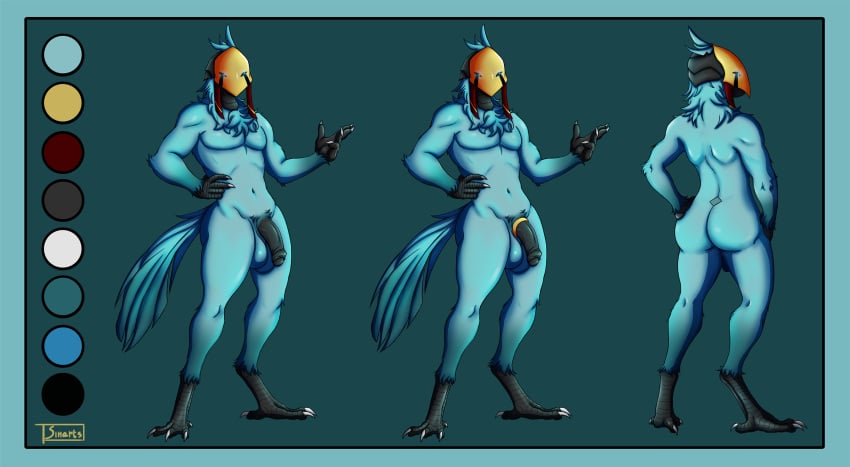 accessory animal_humanoid anthro ass avian avian_humanoid balls big_balls big_butt big_penis bird_humanoid blue_body blue_eyes chest_tuft clothed clothing cock_ring feet flaccid genitals glowing glowing_eyes hand_on_hip hi_res humanoid jewelry male mask model_sheet multicolored_body nails nude partially_clothed penis penis_accessory penis_jewelry sinarts solo tail talons toes tuft two_tone_body vein veiny_penis