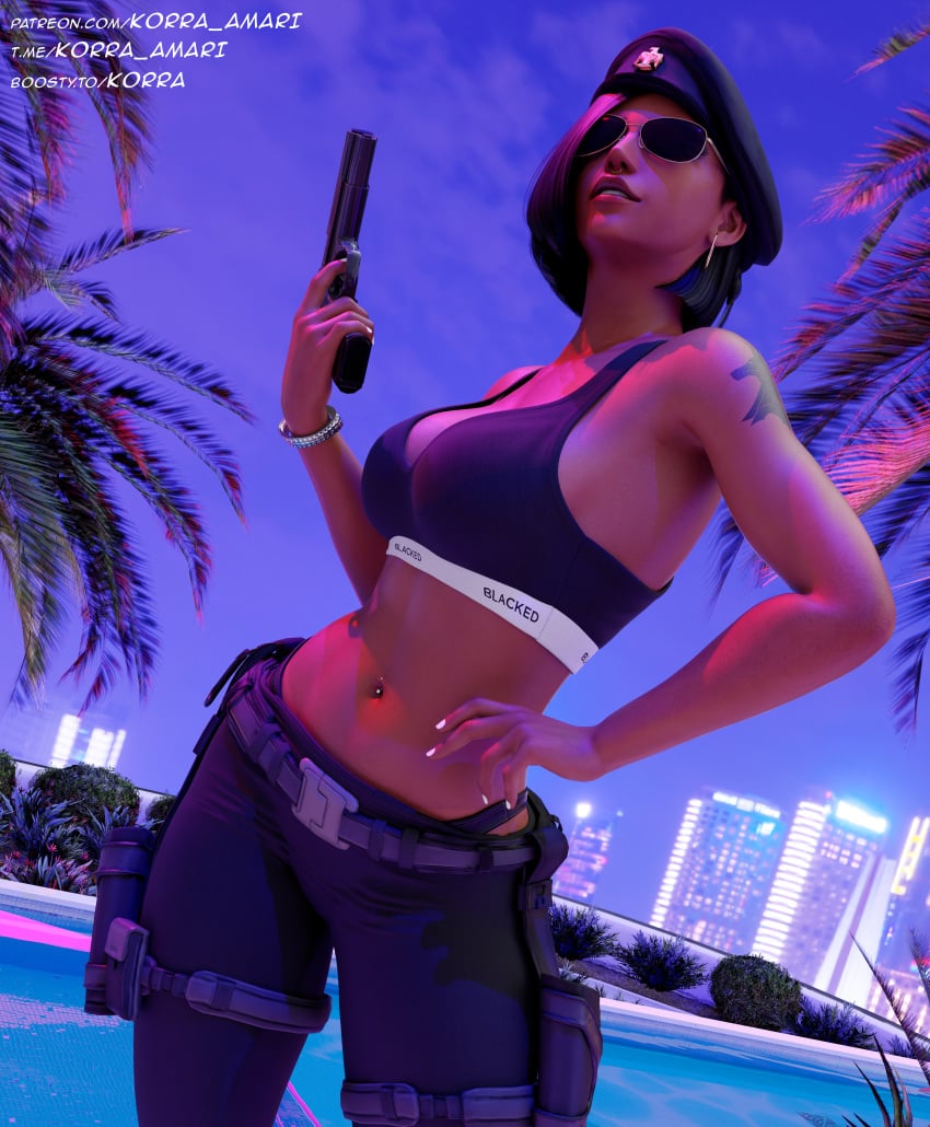 1girls 3d aviator_sunglasses black_body blacked blacked_clothing blender blender3d blender_(artwork) blender_cycles blizzard_entertainment breasts casino cop female female_focus female_only fit fit_female gta_online_female_character gta_v gun korra_amari lighting nsfw overwatch overwatch_2 pharah pharahamari pistol police police_officer police_uniform policewoman sfw short_hair solo sunglasses tinted_eyewear weapon wearing_glasses