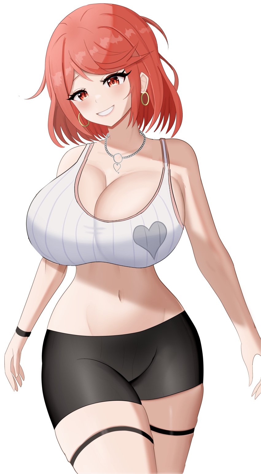 absurdres bad_source bare_shoulders bike_shorts blush breasts cleavage female highres huge_breasts looking_at_viewer navel pyra_(xenoblade) red_eyes red_hair short_hair smile solo sports_bra super_smash_bros. swept_bangs white_background xenoblade_chronicles_(series) xenoblade_chronicles_2 yissou_art