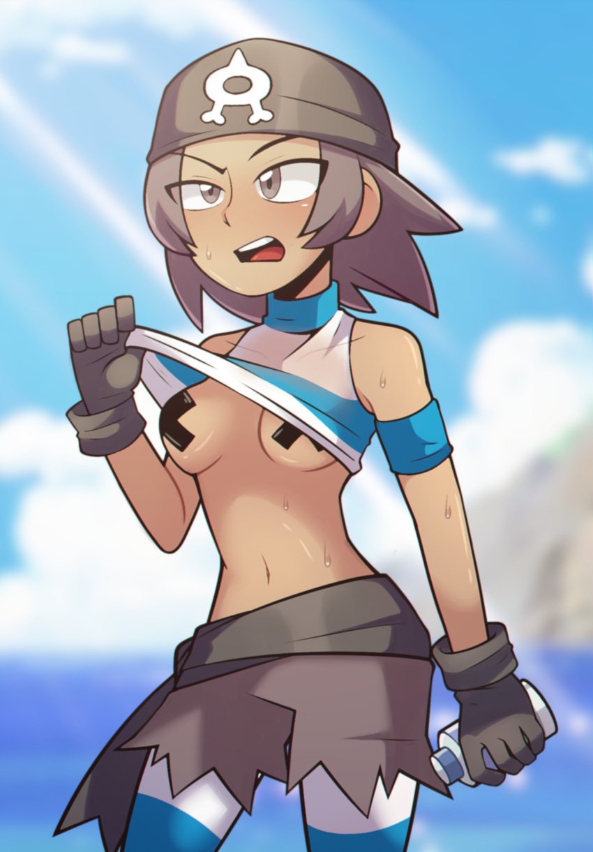 1girls black_hair breasts cap clothing dark-skinned_female dark_skin enderaen eyes_visible_through_hair female gloves handwear hi_res human lifting_shirt midriff pasties pokemon ripped_pants see-through see-through_clothing shirt_lift shirt_up small_breasts solo sunscreen sweat sweaty team_aqua team_aqua_grunt team_aqua_grunt_(female) thighhighs thighs wet_clothes