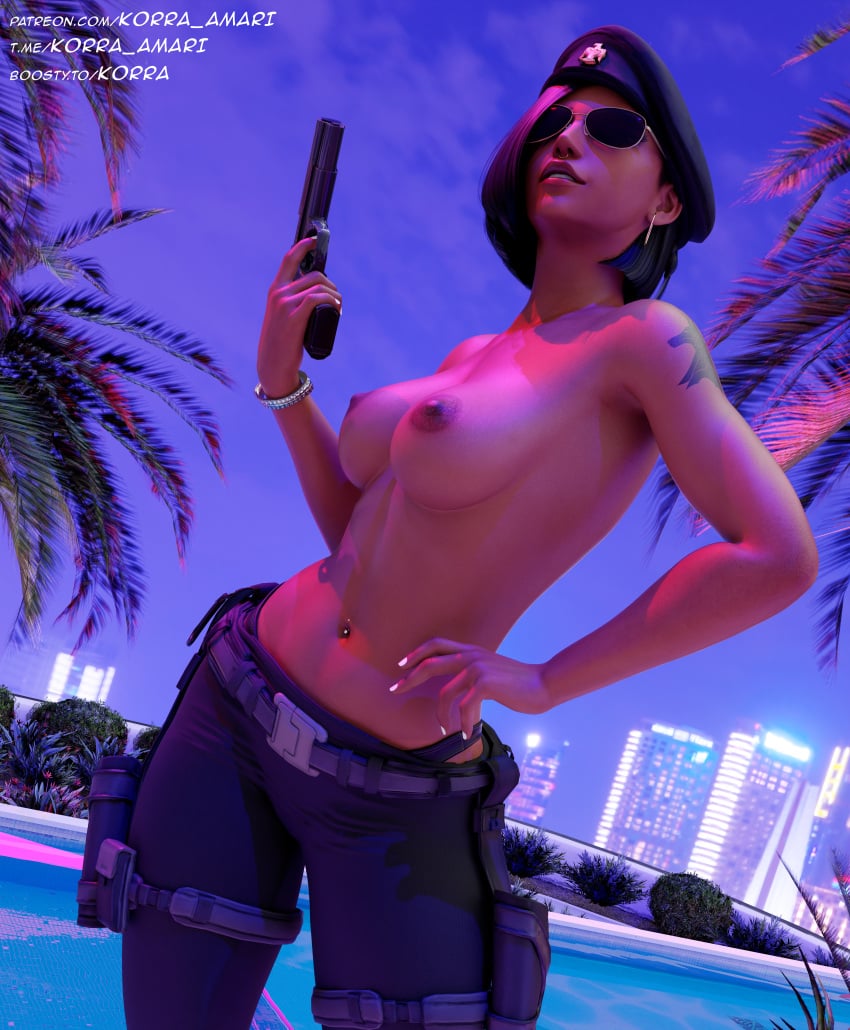 black_body blender blender3d blender_(artwork) blender_cycles blizzard_entertainment breasts casino cop female female_focus fit fit_female gta_online_female_character gta_v gun korra_amari lighting nsfw overwatch overwatch_2 pharah pistol police police_officer police_uniform policewoman sfw short_hair sunglasses tinted_eyewear weapon wearing_glasses