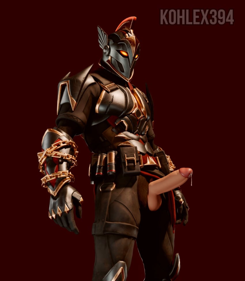 1boy 3d ares ares_(fortnite) armor fortnite glowing_eyes greek_mythology helmet kohlex male male_only masculine penis_out posing precum precum_drip red_background solo solo_male