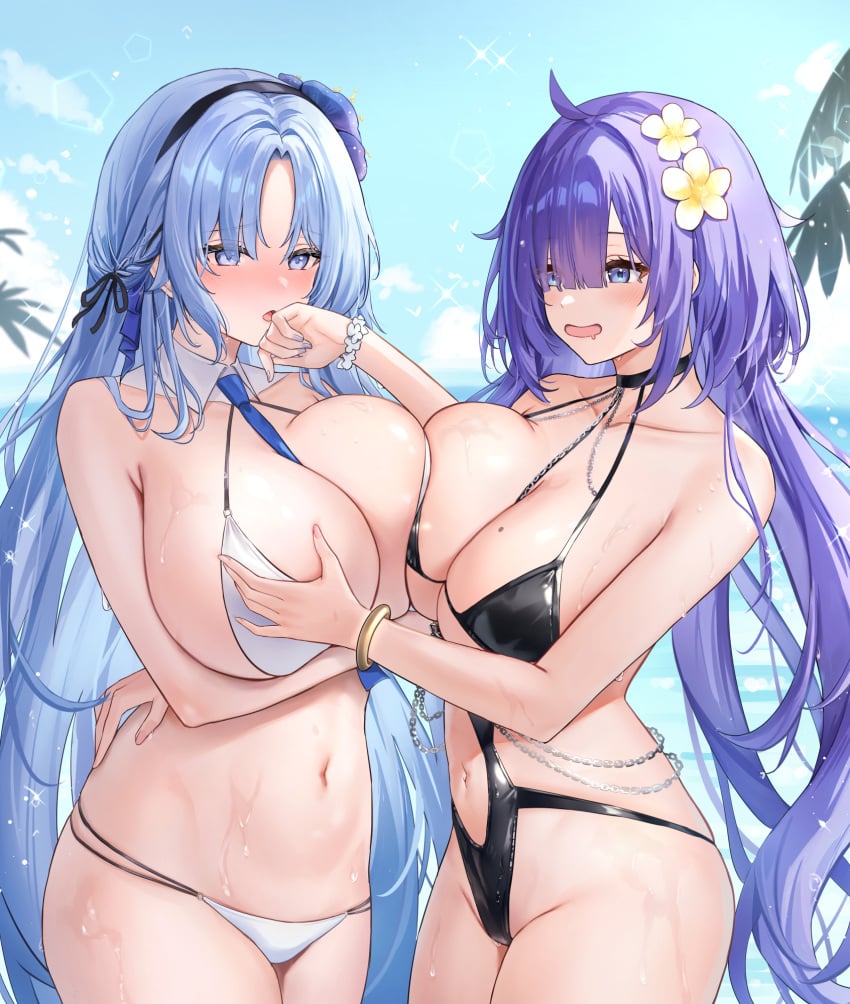 2girls alsace_(azur_lane) alsace_(heat-beating_summer_sacrament)_(azur_lane) azur_lane between_breasts bikini black_choker black_one-piece_swimsuit black_ribbon blue_eyes blue_hair blue_sky blunt_bangs blush breast_press breast_strap breasts choker clothing_cutout cloud collarbone cowboy_shot day detached_collar flower gemini_(feng) grabbing grabbing_another's_breast hair_flower hair_ornament hair_over_one_eye hair_ribbon highres huge_breasts iris_libre_(azur_lane) large_breasts light-skinned_female light_skin long_hair looking_at_another mogador_(azur_lane) mogador_(locker_room_lechery)_(azur_lane) mole mole_on_breast multi-strapped_bikini_bottom multiple_girls navel navel_cutout necktie necktie_between_breasts official_alternate_costume one-piece_swimsuit open_mouth outdoors palm_leaf parted_bangs parted_hair purple_eyes purple_flower purple_hair ribbon ribbon_between_breasts sidelocks sky smile standing stomach strap_between_breasts swimsuit symmetrical_docking very_long_hair vichya_dominion_(azur_lane) white_bikini white_flower yuri