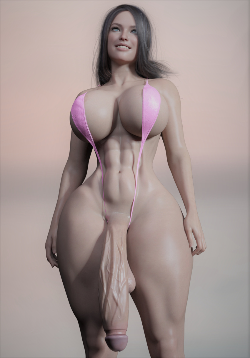 1futa 3d audrix elisabeth_(audrix) futanari huge_ass huge_breasts huge_cock original sling_bikini solo_futa toned_futa veiny_penis voluptuous_female