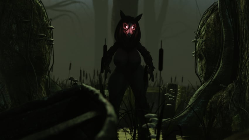 3d anthro big_breasts black_body black_fur black_hair bone breasts canid canine female fur glowing_eyes hair looking_at_viewer mal0 malo mammal nude red_eyes scp-1471 scp_foundation skull skull_head skulldog solo tail thick_thighs tree wide_hips