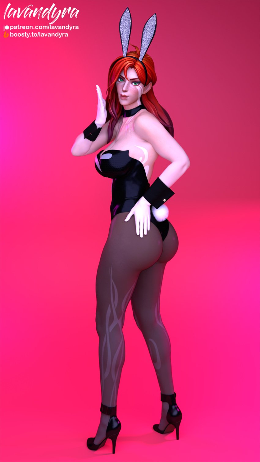 1girls 3d 3d_(artwork) ass asymmetrical_bangs big_ass big_breasts blender blowing_kiss body_freckles breasts bunny_ears bunnysuit comb_over dota_2 female green_eyes hair_behind_ear heels lavandyra leggings light-skinned_female long_hair looking_at_viewer red_hair ribbon thick_thighs thighs wavy_hair windranger