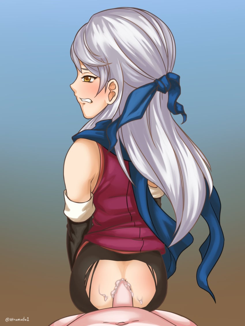 1boy 1girls anal anus ass atramada1 big_ass blue_background blush brown_background clenched_teeth cum cum_in_ass cum_inside dress elbow_gloves female female_focus fire_emblem fire_emblem:_radiant_dawn gloves gradient_background grey_hair long_hair male male_pov micaiah_(fire_emblem) nintendo pantyhose penis pov scarf sex silver_hair solo_focus yellow_eyes