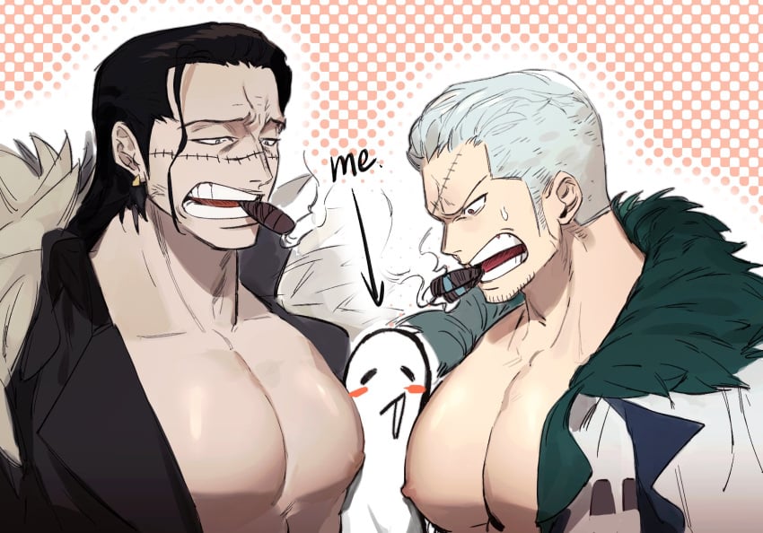 2boys artist_self-insert big_pecs black_hair cigar cleavage facial_scar fur_collar hair_slicked_back male male_focus male_only mature mature_male muscular muscular_male one_piece open_jacket open_shirt pale-skinned_male pale_skin pecs post-timeskip scar sideburns sir_crocodile smoker_(one_piece) smoking sweatdrop upper_body white_hair ynnn_m