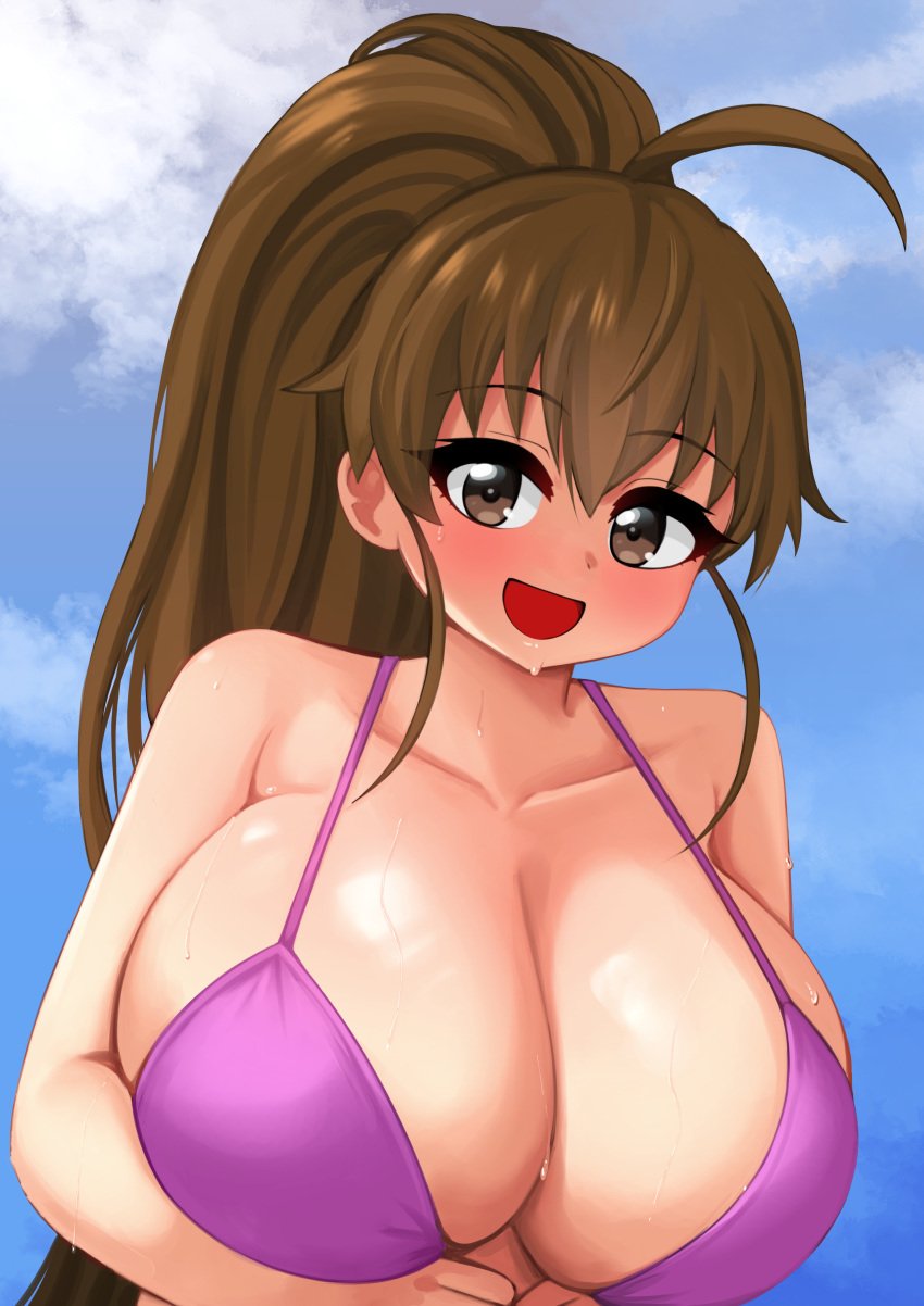 1girls big_breasts bikini bikini_top breast_focus breasts brown_eyes brown_hair cleavage clothing dressed female female_only huge_breasts large_breasts looking_at_viewer massive_breasts open_mouth ponytail purple_bikini purple_bikini_top softcore solo solo_female sweat sweatdrop swimwear taneshima_popura the_only_shoe topwear upper_body working!!