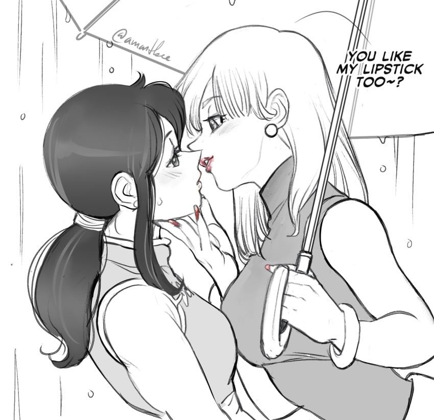 2girls 2milfs amartbee anticipation artist_signature black_and_white bracelet bulma_briefs chichi dragon_ball dragon_ball_z earrings english_text hand_under_chin kissing milf ponytail raining red_lipstick red_nail_polish umbrella yuri