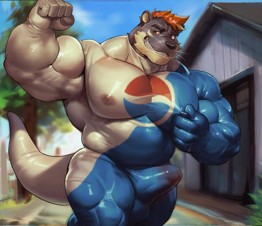 2024 anthro balls_outline barazoku belly biceps big_bulge big_muscles blurred_background bodily_fluids building bulge clothing cosplay day detailed_background detailed_bulge episode0006 erection erection_under_clothing eyebrows fence flexing fur genital_fluids genital_outline hair hi_res house huge_bulge huge_muscles huge_thighs kemono logo male male_only mammal manly musclegut muscular muscular_anthro muscular_male mustelid narrowed_eyes nipple_fetish nipple_outline nipple_pinch nipple_play otter outside pec_squish pecs penis_outline pepsi pepsiman_(character) pinch plant precum precum_through_clothing quads running skinsuit smile solo squish teeth tenting thick_thighs tight_clothing tree tuft wet wet_clothing whiskers